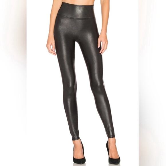 SPANX Faux Leather Leggings Shapewear High Waist Full Length Black Shine Medium - Picture 1 of 14